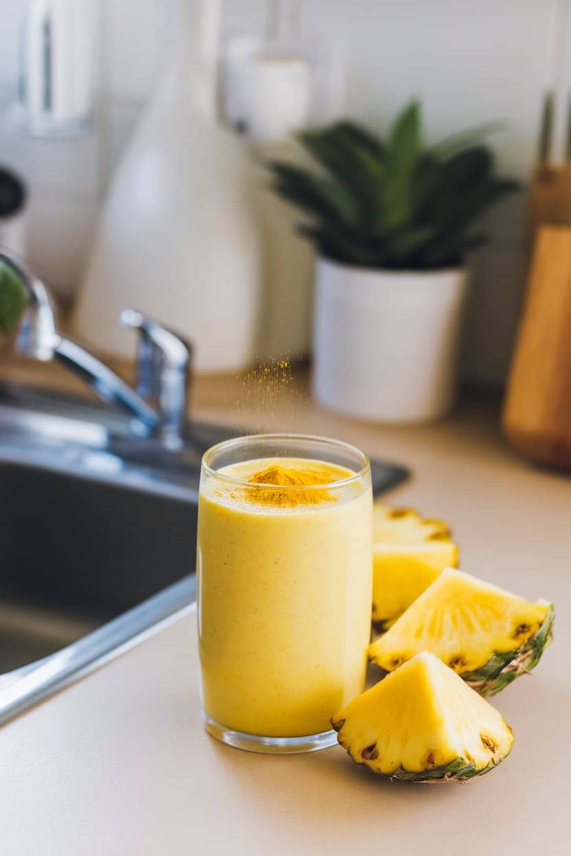 Indoor kitchen island with a sunny yellow smoothie in a clear glass, turmeric powder lightly sprinkled on top, pineapple wedges close by. No logos or text