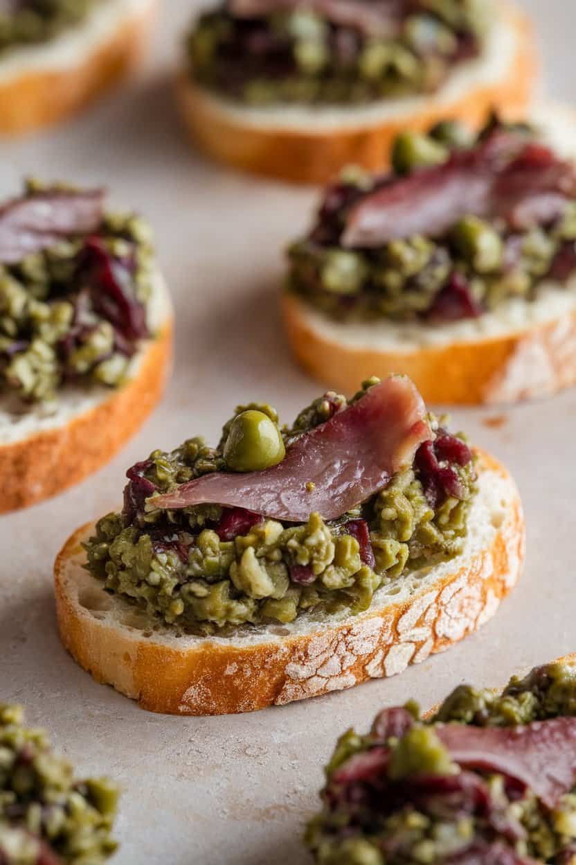 A photo of a tapenade spread on crispy crostini. The tapenade is a blend of kalamata olives, capers, anchovy fillets, garlic, and olive oil.
