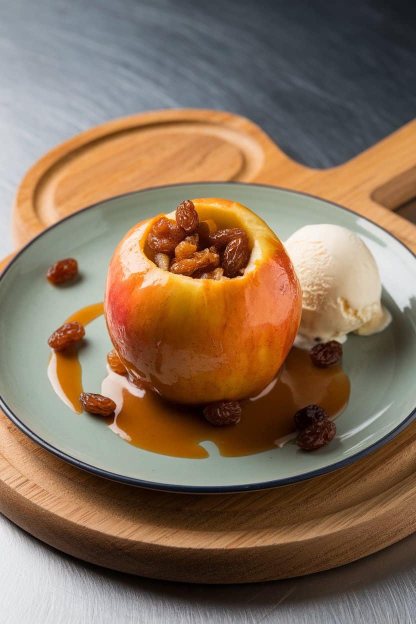 An indoor plate holding a tender baked apple filled with brown sugar and raisins, caramel sauce pooling at the base. No text or logos.