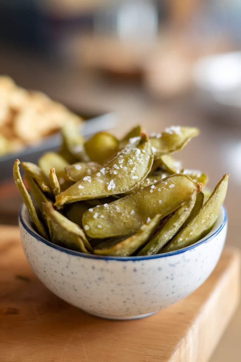  Indoor snack bowl of baked snap pea crisps, lightly dusted with sea salt, photographed at a three-quarter angle. No branding visible.