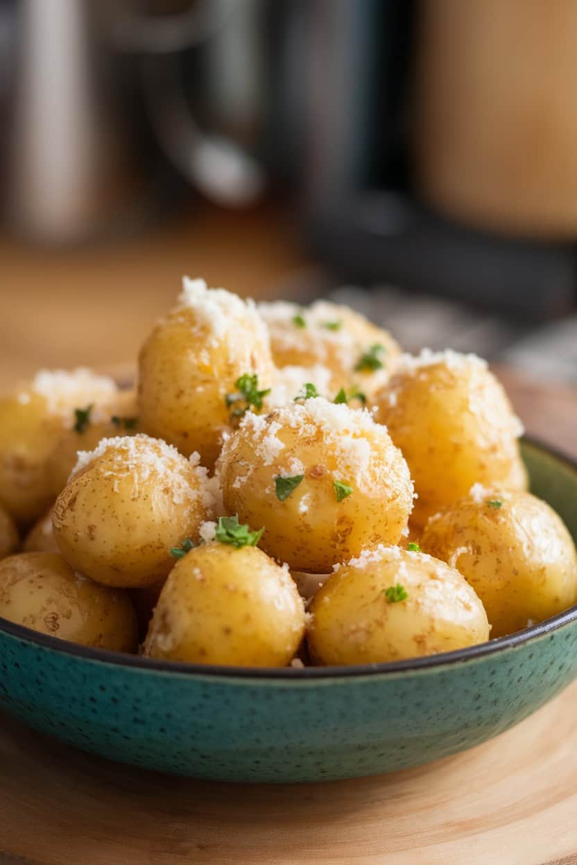 Warm indoor bowl of golden baby potatoes tossed in melted butter and grated Parmesan. No branding.