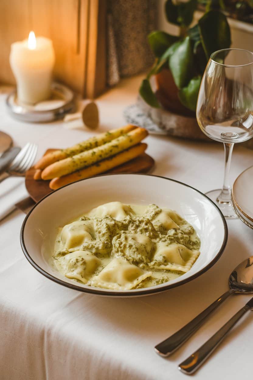 : A warm indoor table featuring cheese ravioli coated in a green pesto cream sauce. No text or logos.