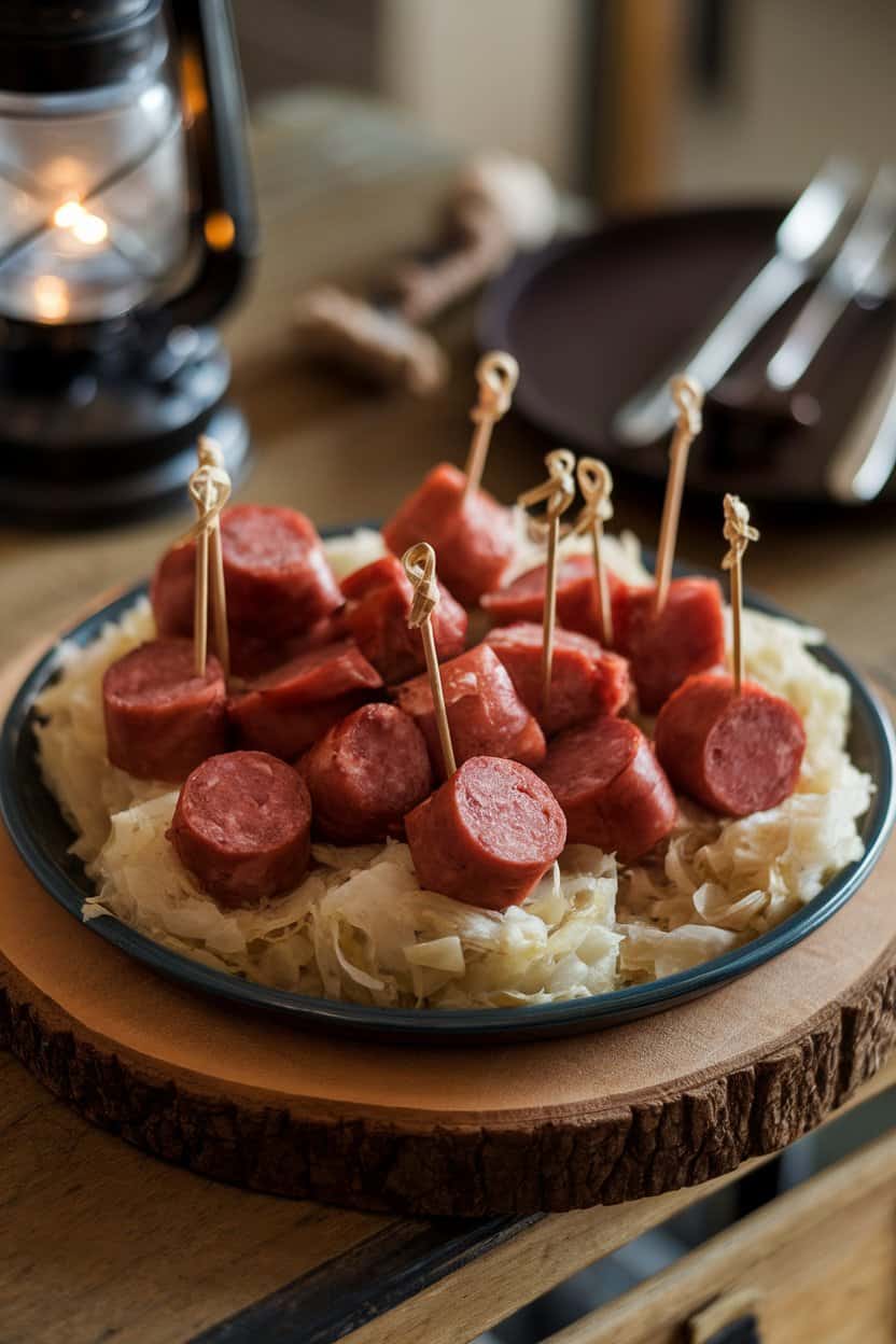 A warmly lit indoor platter with bite-size pieces of cooked kielbasa nestled in small piles of sauerkraut, toothpicks inserted for easy grabbing. No logos or text present.
