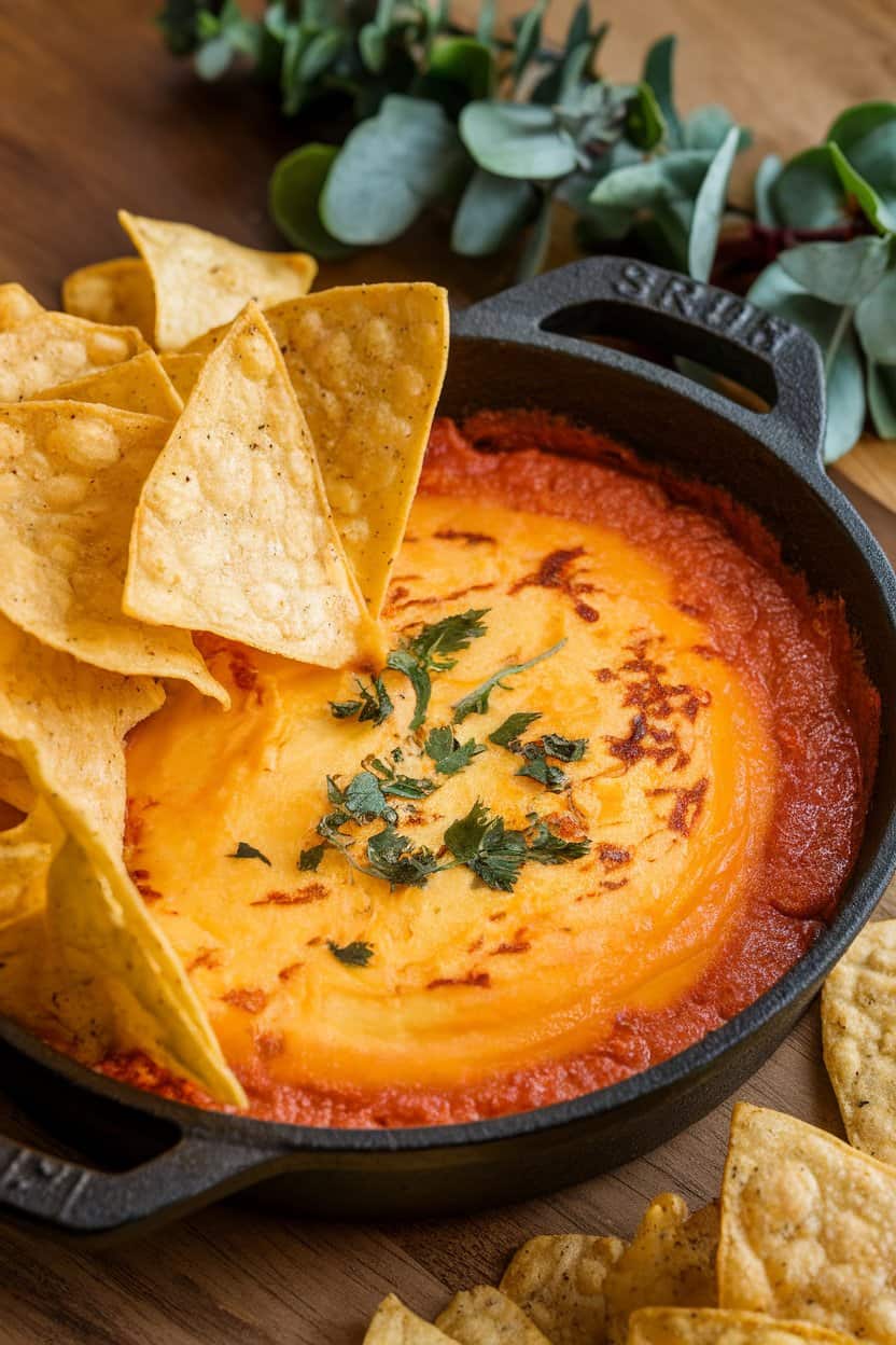 Indoor scene showing a cast-iron dish of warm queso dip surrounded by homemade baked tortilla chips. No branding or text in frame.