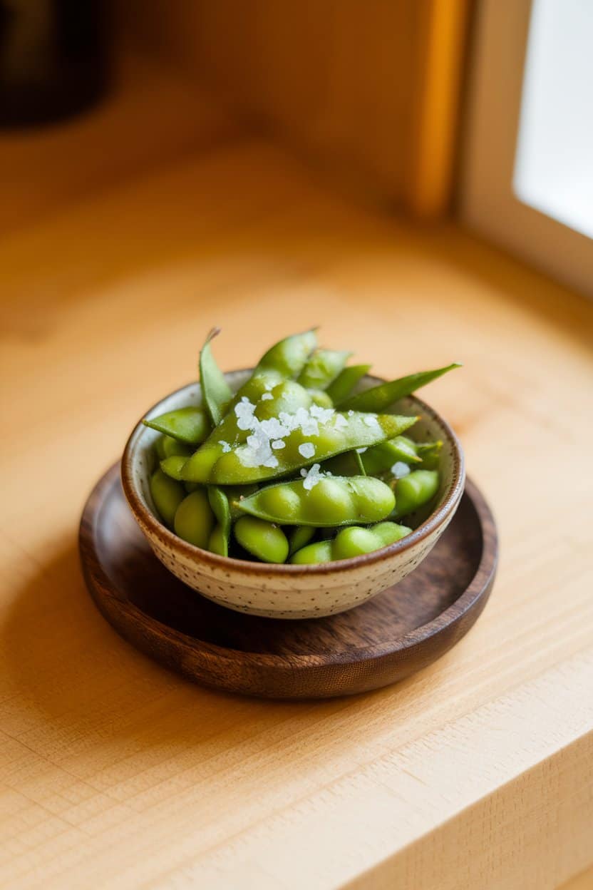 A warmly lit indoor countertop featuring a small bowl of bright green steamed edamame, a sprinkling of sea salt crystals visible—no branding or logos.