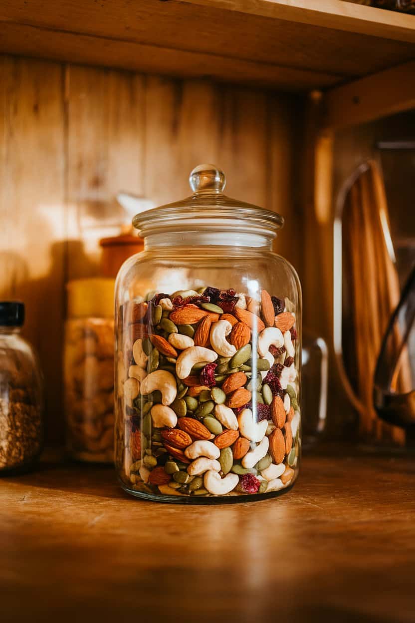 A warmly lit indoor pantry counter with a glass jar overflowing with a colorful mix of raw almonds, cashews, dried cranberries, and pumpkin seeds—no labels in sight.