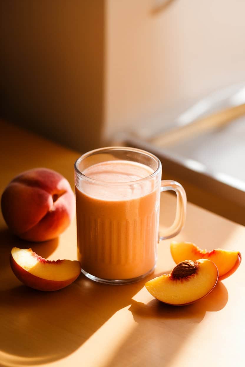 Warmly lit indoor tabletop with a pale orange peach smoothie in a clear mug, peach slices fanned beside it. No text or logos; photo only