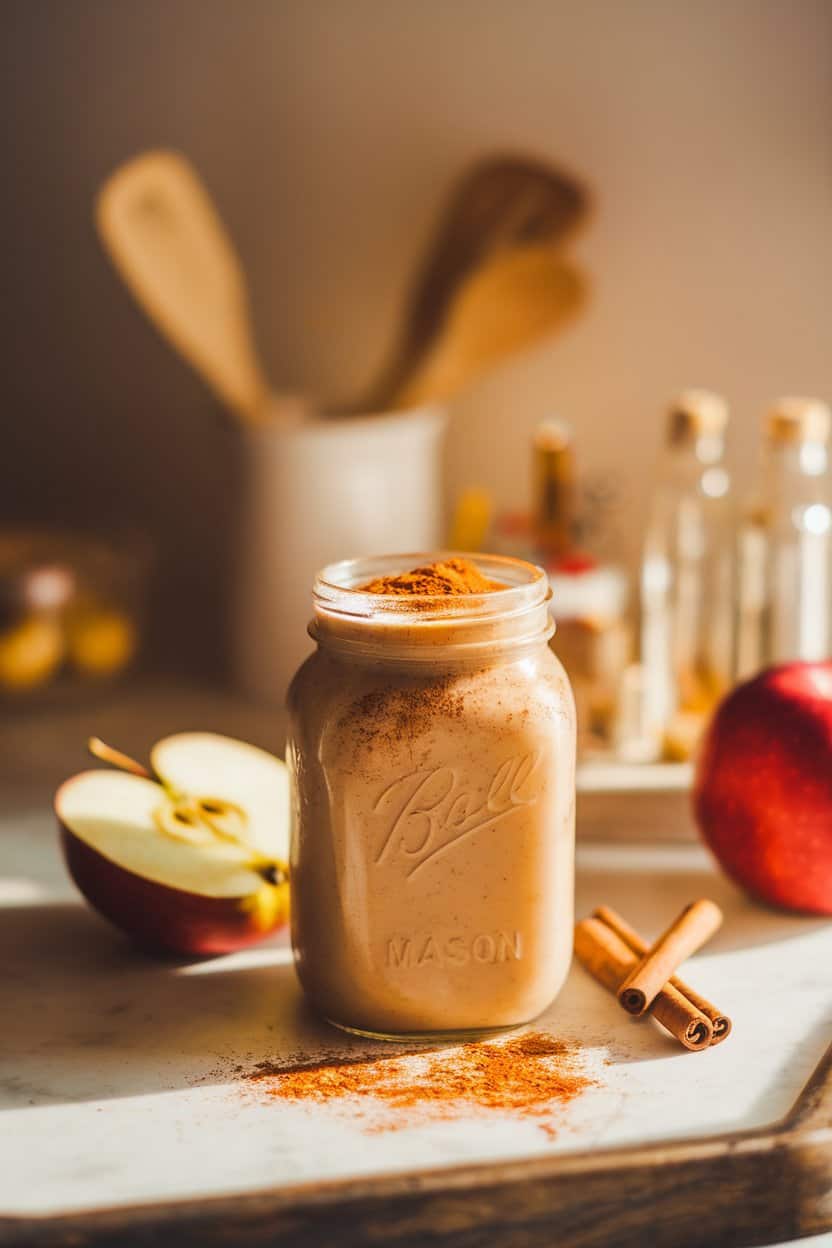 A warmly lit kitchen scene with a cinnamon-dust-topped apple smoothie in a mason jar, a sliced apple and small cinnamon sticks nearby. Photo only, no logos.