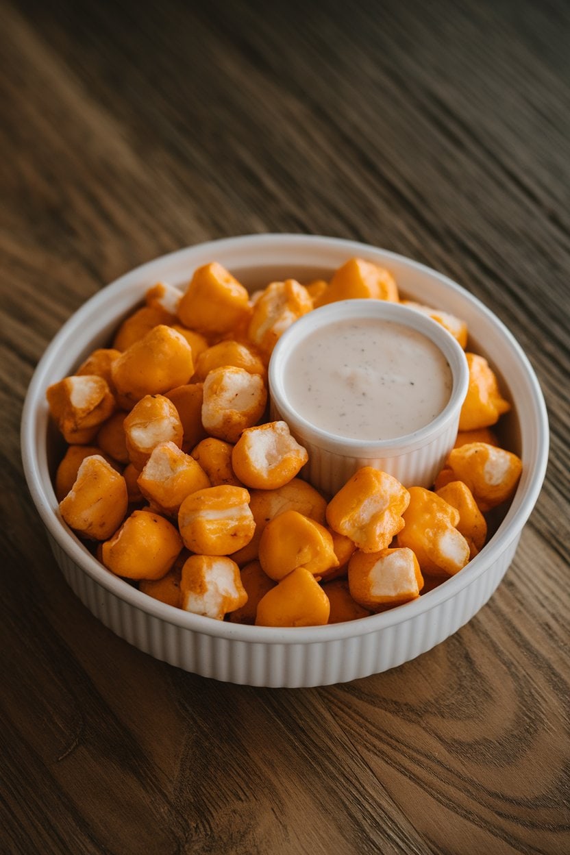 Indoor tabletop with a bowl of white cheese curds alongside a small ramekin of creamy ranch dressing. No logos or text presen