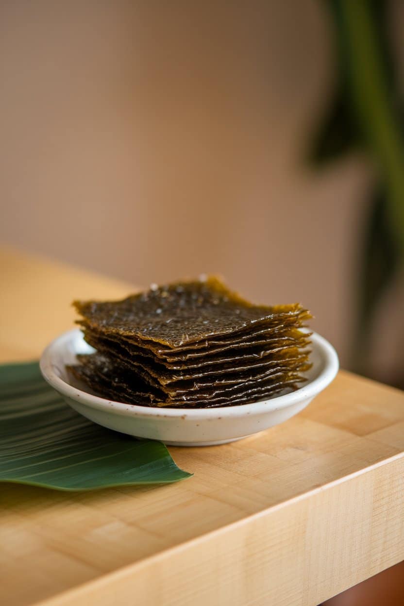  Indoor table with a small white dish holding crispy roasted seaweed sheets, stacked neatly. Soft, neutral lighting; no logos visible