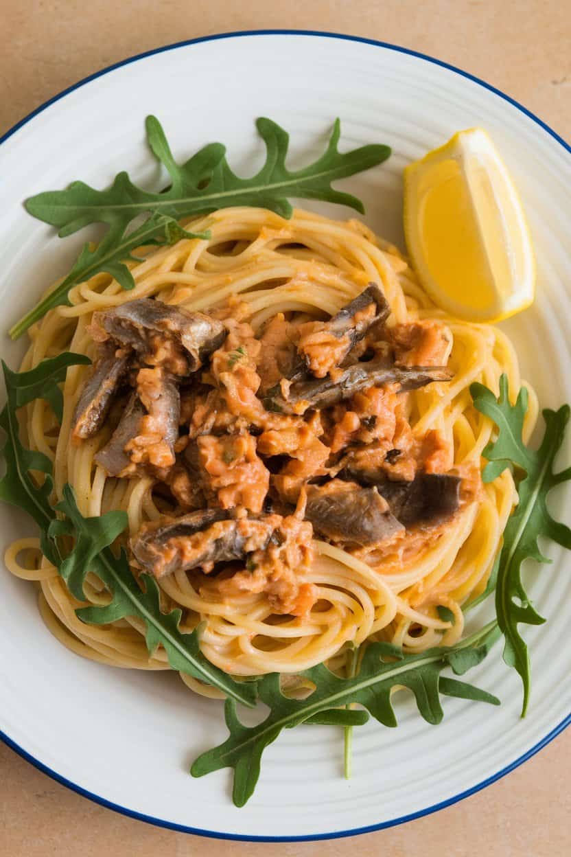 A photo of a white plate with spaghetti noodles. The noodles are hot and are smothered in a sauce made from crushed canned sardines, olive oil, and garlic.