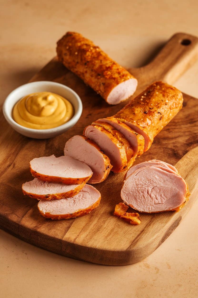 An indoor charcuterie board with several thin turkey snack sticks sliced into pieces, a small dish of mustard nearby. Warm, even lighting; no text or logos.