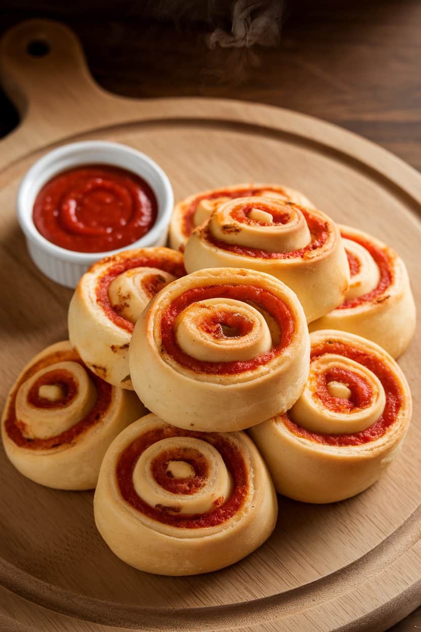 An indoor serving board piled high with golden baked pizza rolls, steam faintly rising, accompanied by a small ramekin of marinara sauce. No branding visible