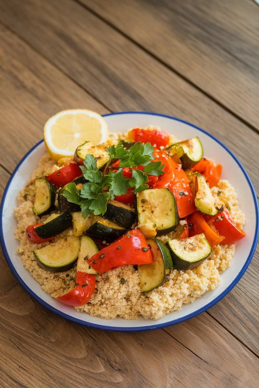 A photo of a plate with roasted zucchini and bell pepper chunks tossed with olive oil. The roasted vegetables are mixed with couscous.
