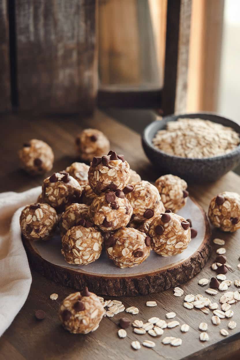 An indoor wooden table scattered with round oatmeal energy balls dotted with mini chocolate chips, a small bowl of rolled oats nearby—soft afternoon light, no text or logos.