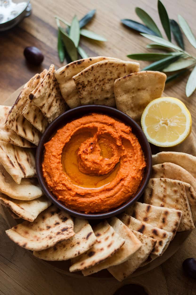  Indoor tabletop featuring a bowl of roasted red pepper hummus surrounded by rugged pita chips, edges slightly toasted. No text or branding in sight.