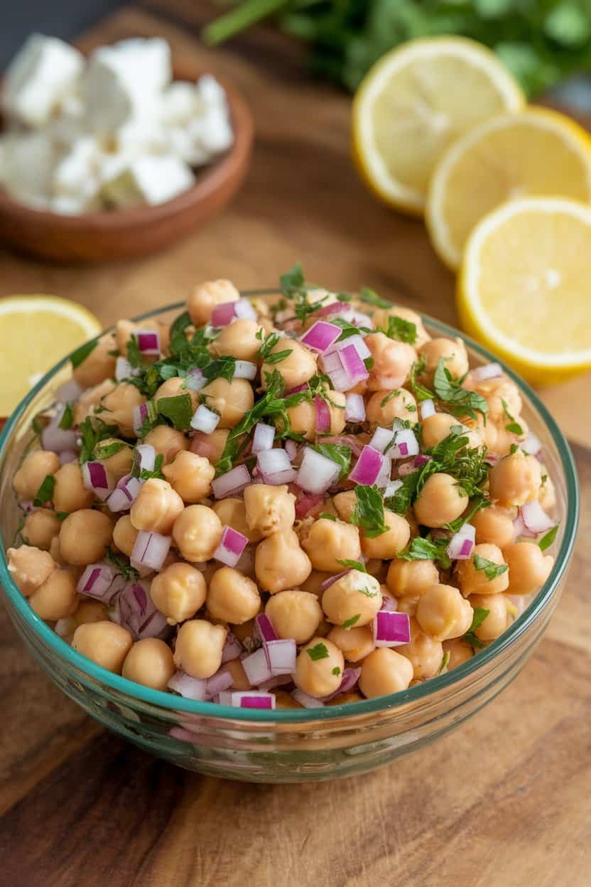 A photo of a salad bowl with chickpeas, diced red onion, chopped parsley, lemon juice, and olive oil.