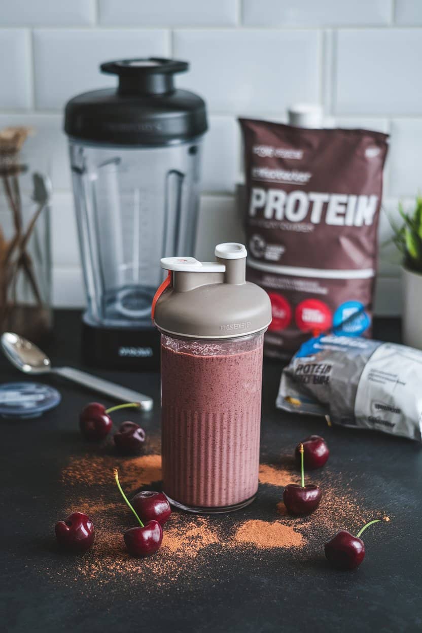 Indoor athletic-themed countertop with a deep red-brown smoothie in a shaker bottle-style glass, cherries and cocoa powder sprinkled around. No branding in view