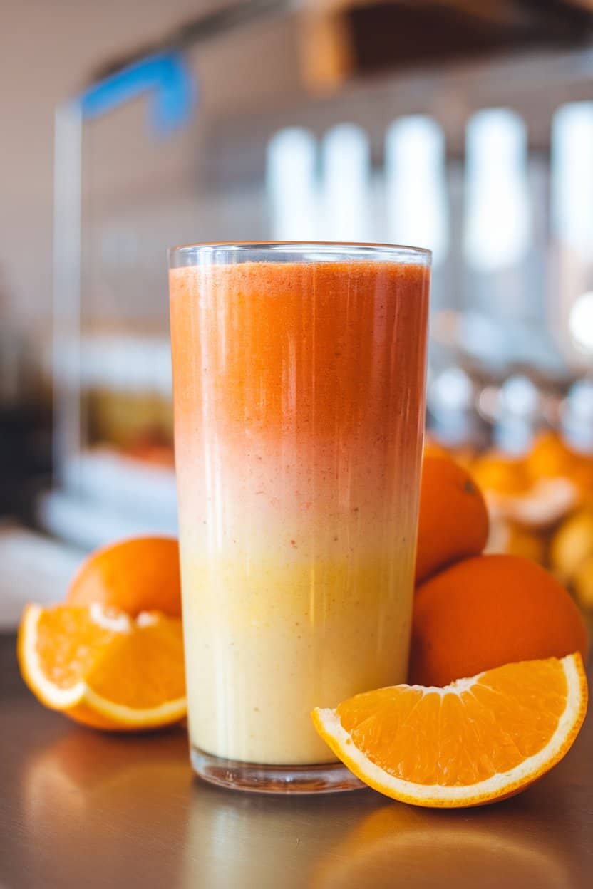 Indoor breakfast bar with a layered orange-to-yellow smoothie in a tall clear glass, resembling a sunrise gradient. Orange wedges sit close by; no text or brand markings. Photo only.