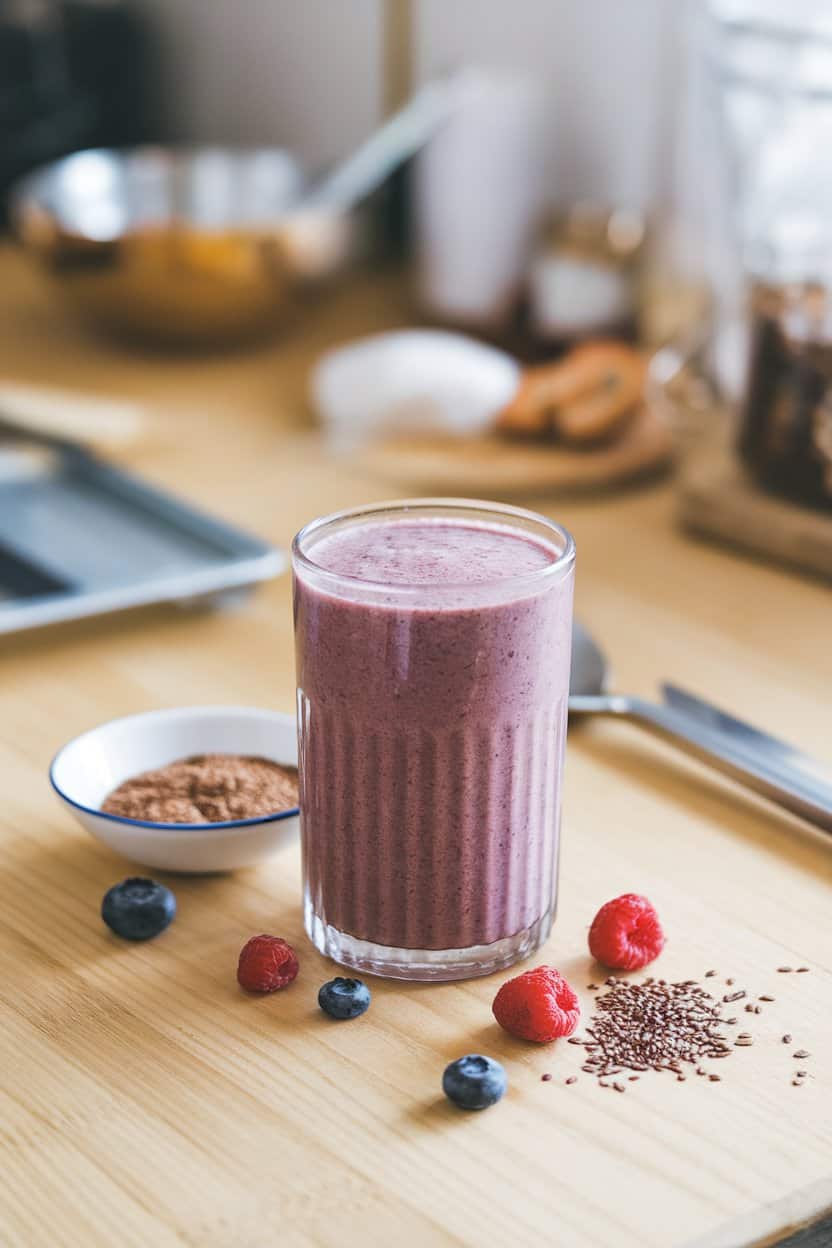  Indoor breakfast bar with a purple-red smoothie in a tall glass, small dish of ground flaxseed nearby, assorted berries scattered. No logos, no text.