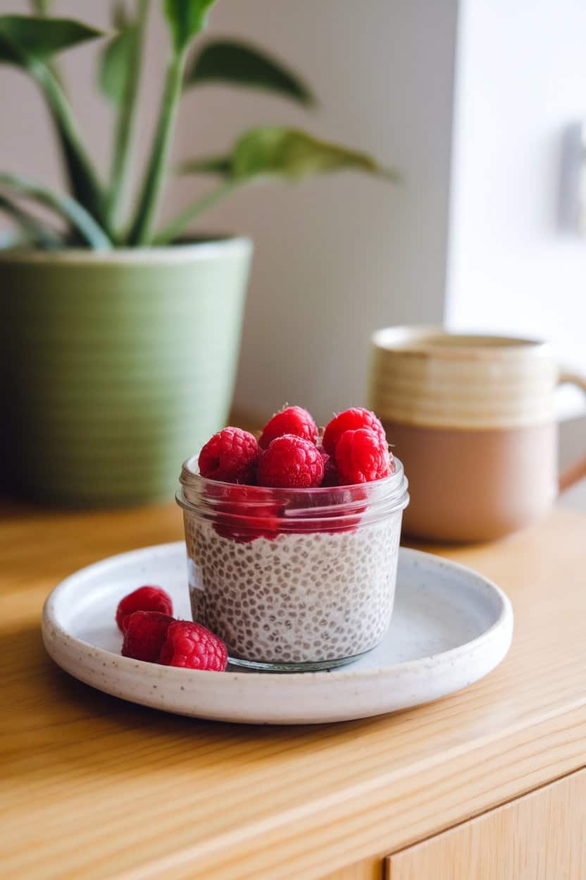  Indoor breakfast counter showcasing a small clear jar of vanilla chia pudding topped with fresh raspberries. No text or logos in scene.
