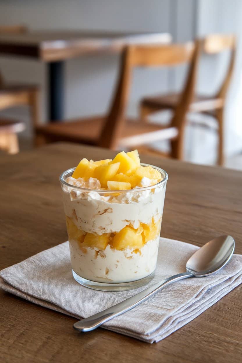 Indoor breakfast nook with a clear cup layered with creamy cottage cheese and bright pineapple chunks, spoon resting on a linen napkin. No text or logos present.