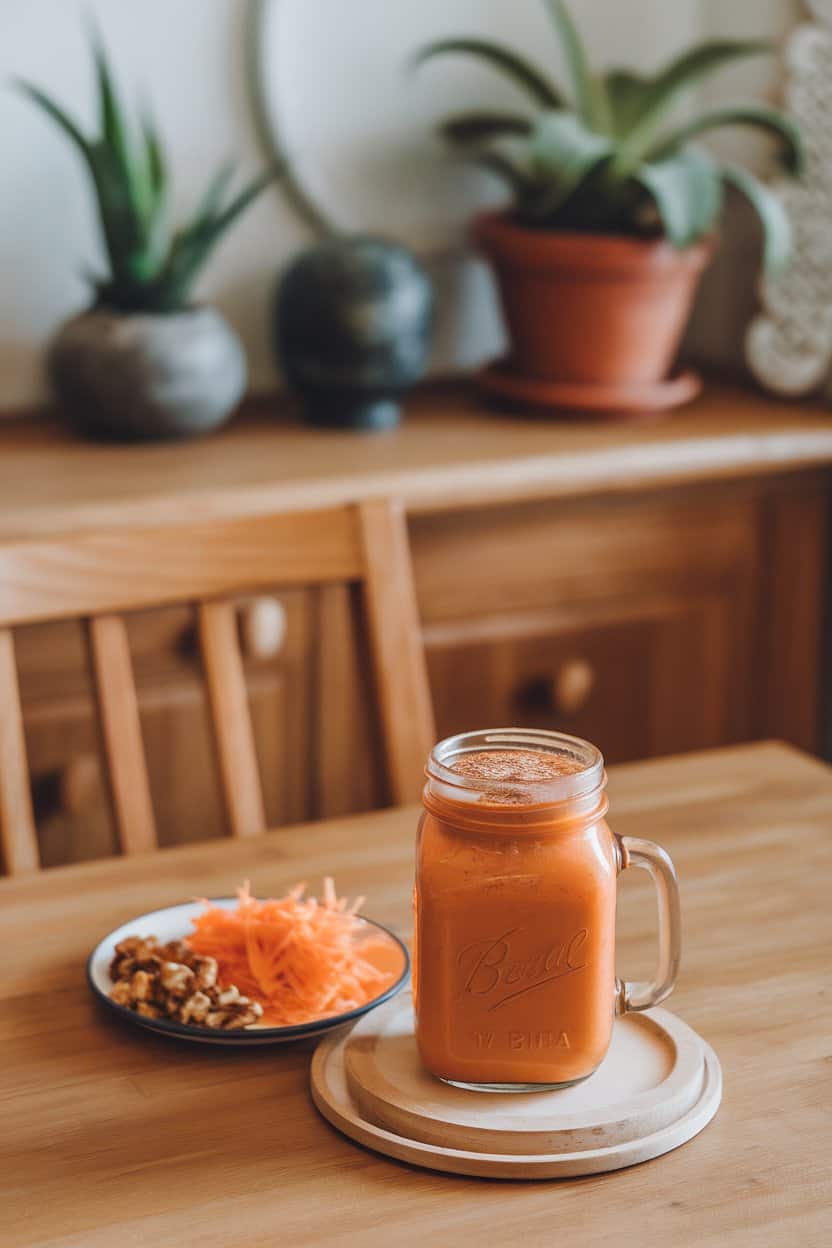 : Indoor breakfast nook featuring an orange carrot smoothie in a mason jar, topped with a light dusting of cinnamon. Grated carrot and walnuts rest on a small plate beside it; no branding visible.