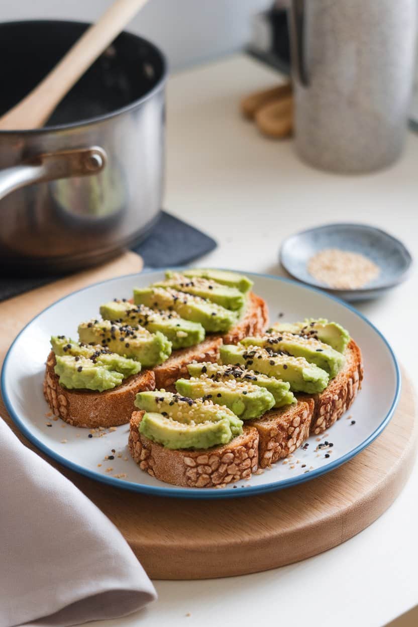 An indoor breakfast plate displaying whole-grain toast cut into narrow fingers topped with mashed avocado and a sprinkle of sesame seeds, soft natural light—no text or logos.