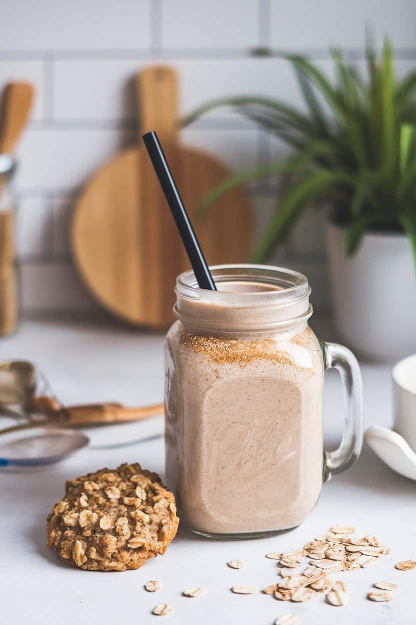 : Indoor breakfast scene with a beige smoothie in a mason jar, sprinkled lightly with cinnamon and rolled oats, an oatmeal cookie sitting nearby. No branding