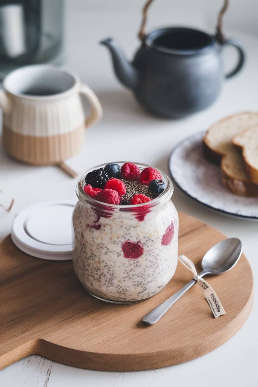  Indoor breakfast setup with a lidded jar of overnight oats swirled with berries and chia seeds, spoon tied on the side. No text or logos visible