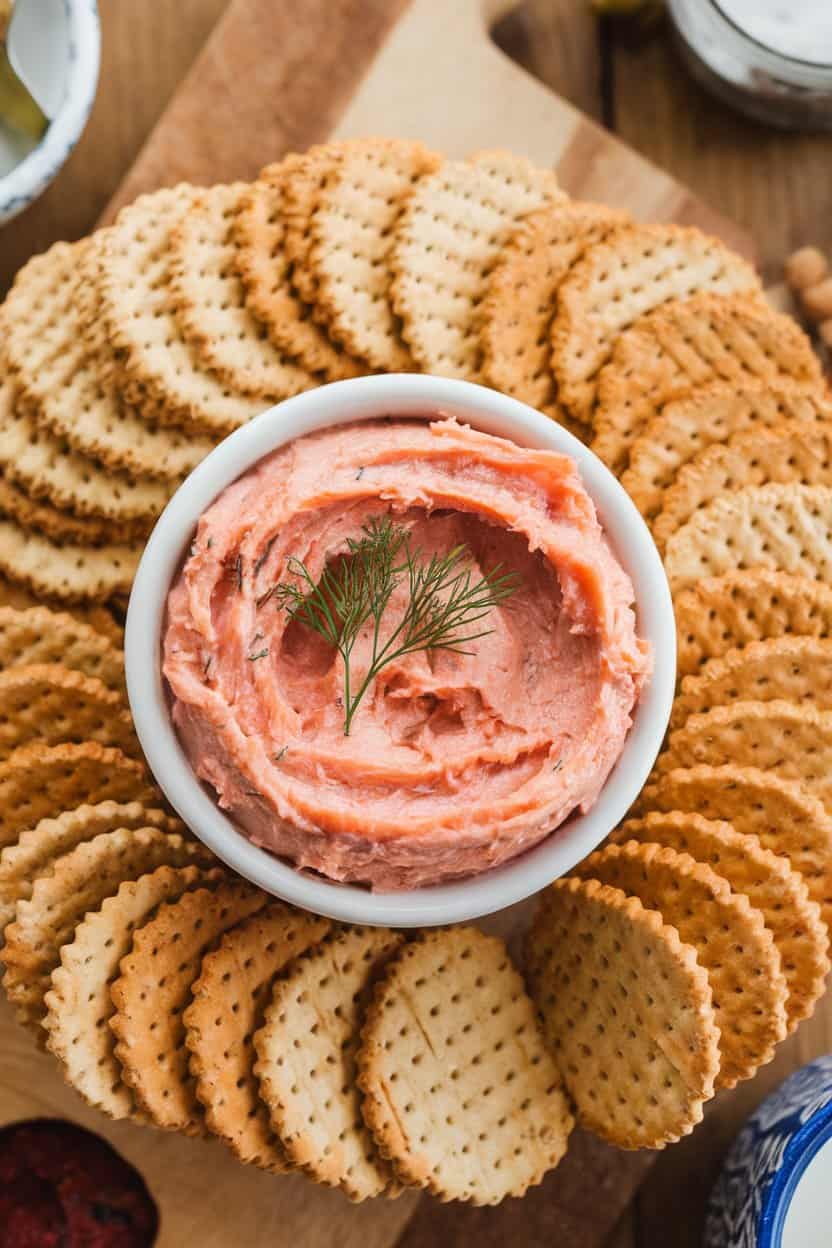 An indoor breakfast-style board with a bowl of creamy smoked salmon spread flanked by crisp bagel crackers. No text or logos visible
