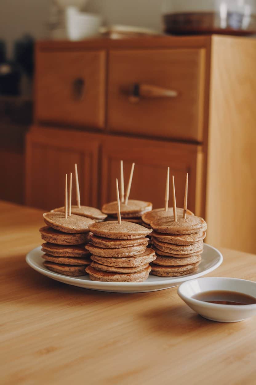  Indoor breakfast table with a stack of mini whole-grain protein pancakes, toothpicks inserted for easy grabbing. No logos or text present.