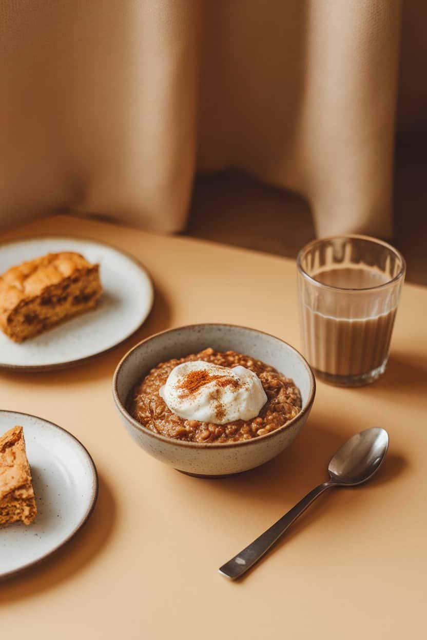 Indoor breakfast table with a bowl of spiced oatmeal topped with a dollop of yogurt and cinnamon. No text or logos.