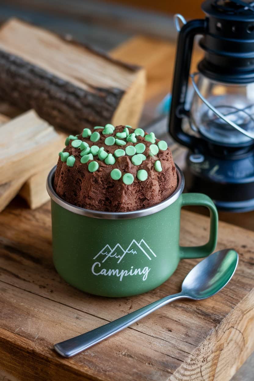 An indoor camping mug containing a fluffy chocolate cake studded with green mint chips, a spoon beside it. No branding present