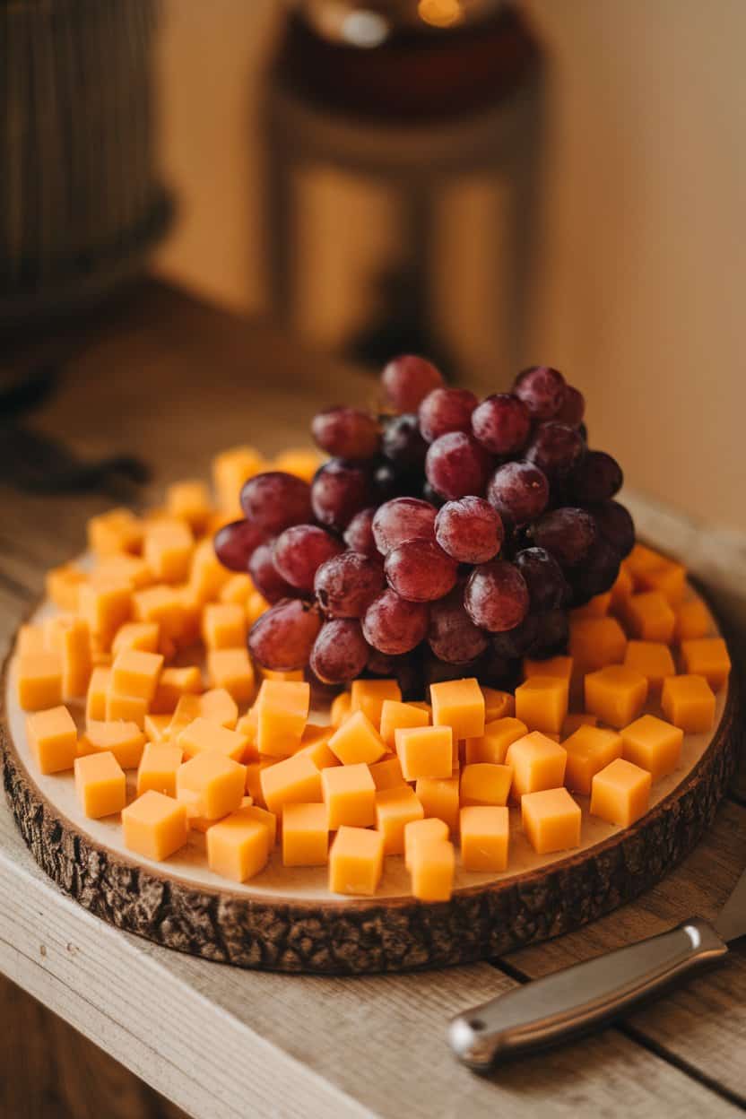  Indoor cheese board holding bite-sized cheddar cubes next to a cluster of red grapes. Soft warm lighting; no visible logos.