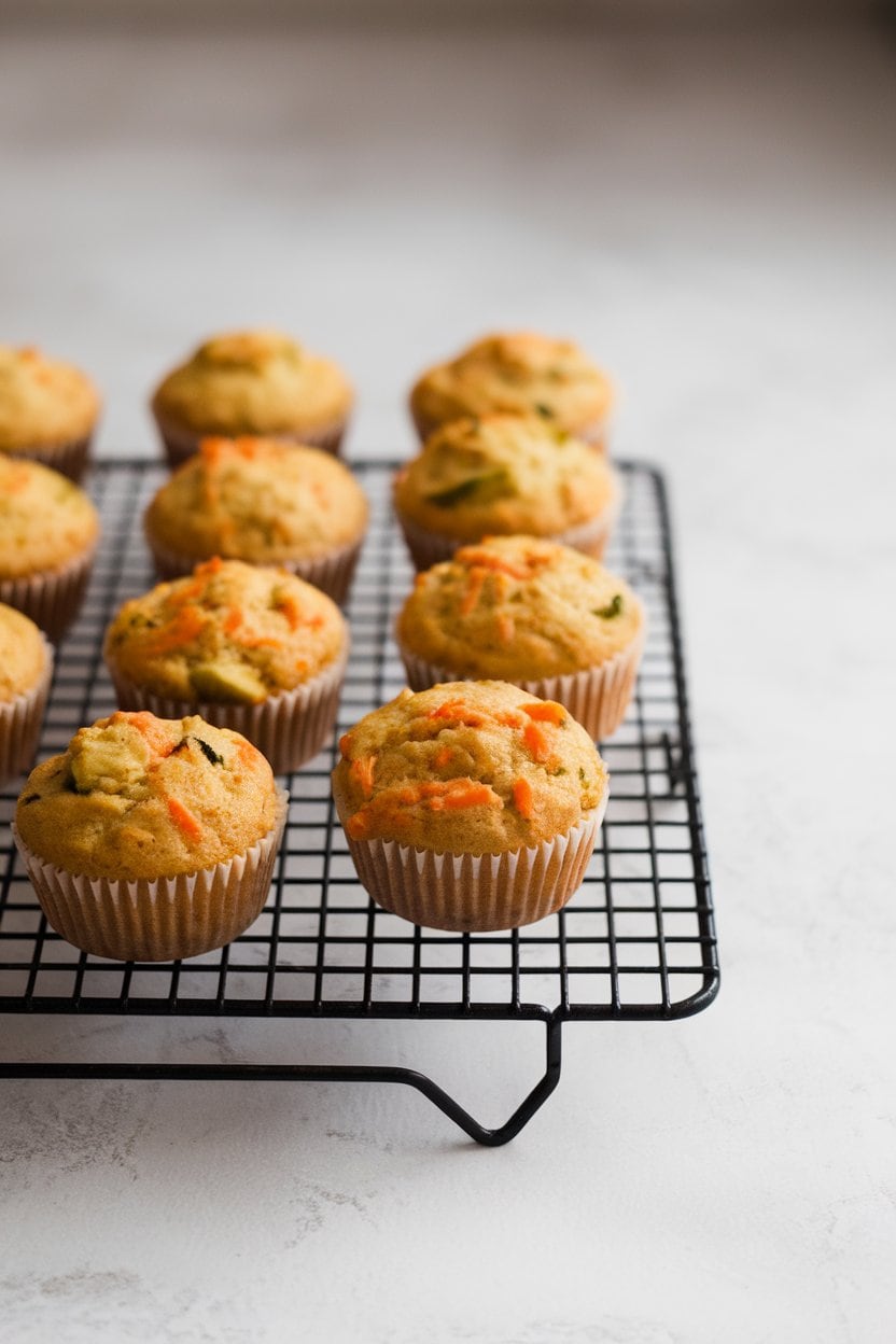 An indoor cooling rack dotted with small golden muffins, flecks of orange carrot and green zucchini visible, soft kitchen light—no logos anywhere.