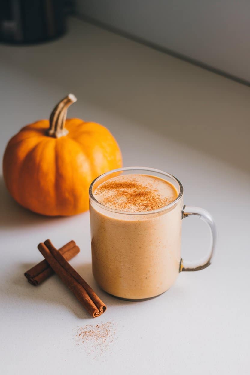 Indoor countertop with a pumpkin-colored smoothie in a clear mug, dusted lightly with pumpkin spice blend. A small pumpkin and cinnamon sticks accent the scene; no text or logos