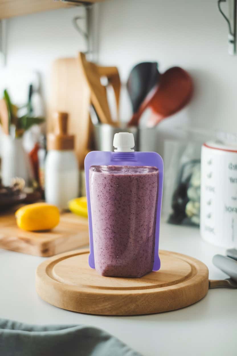 Indoor countertop featuring a reusable silicone pouch filled with a purple fruit-vegetable smoothie, cap securely fastened. No text or logos visible