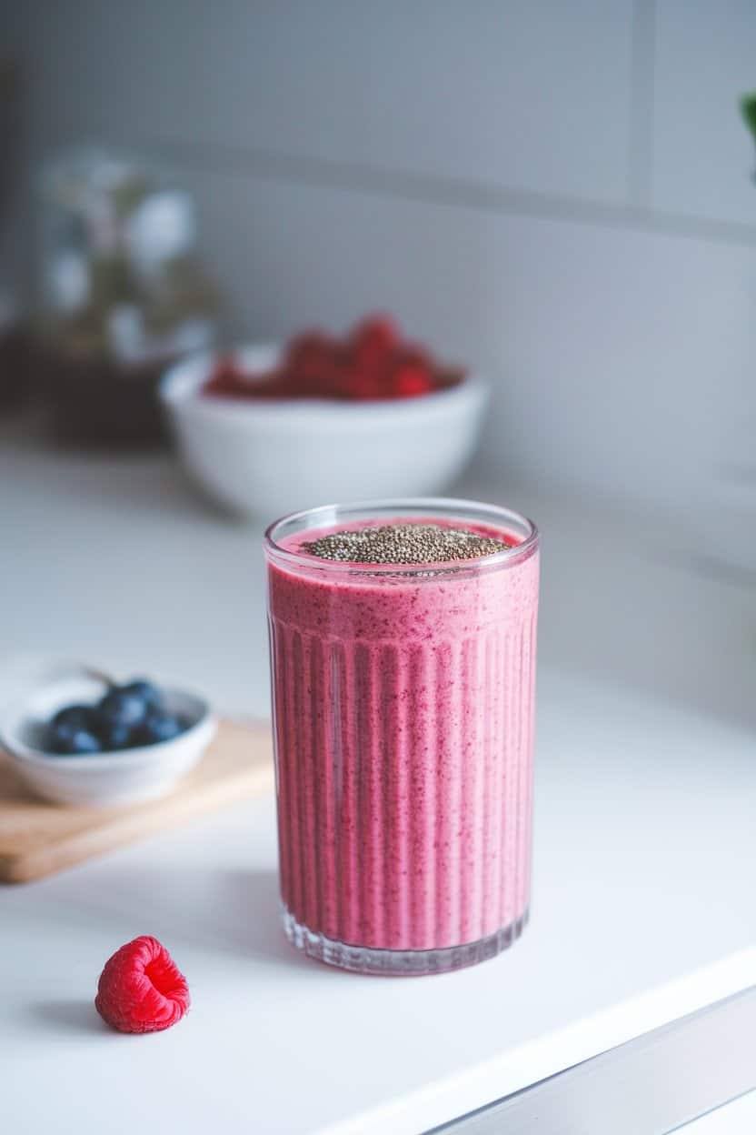 Indoor countertop with a vibrant raspberry smoothie in a tall glass, sprinkled with visible chia seeds on top. No text or logos; photo only