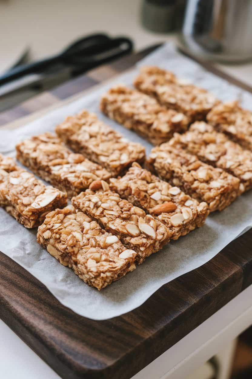Indoor cutting board with several chewy almond-coconut granola bars neatly arranged, parchment underneath. No text or logos present