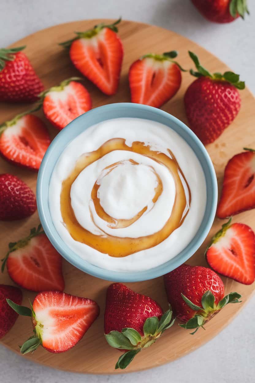 An indoor dessert board with a bowl of vanilla Greek yogurt topped with a swirl of honey, surrounded by fresh strawberry halves. No text or logos visible.