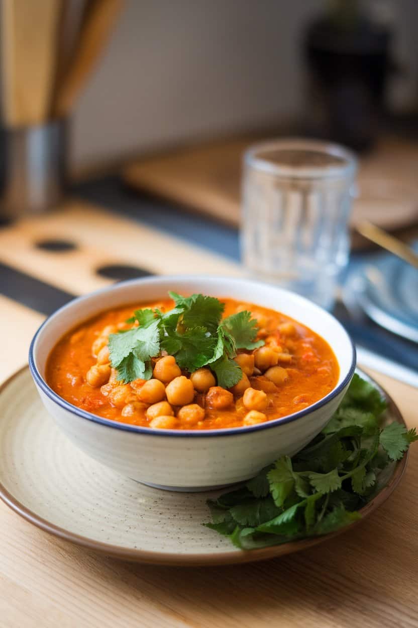 Indoor dining table with a vibrant bowl of chickpea stew topped with fresh cilantro. No branding.