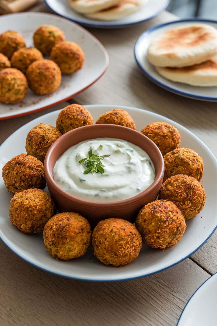 Indoor dining table with mini baked falafel balls arranged around a bowl of creamy tzatziki sauce. No text or logos anywhere.