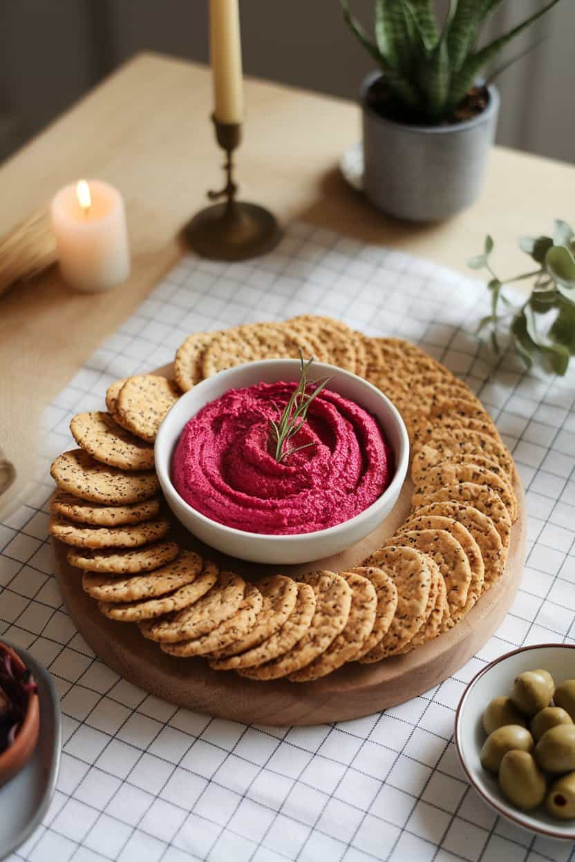 Indoor dining table with a vibrant pink bowl of beet hummus surrounded by seeded whole-grain crackers. Soft overhead lighting, no logos.