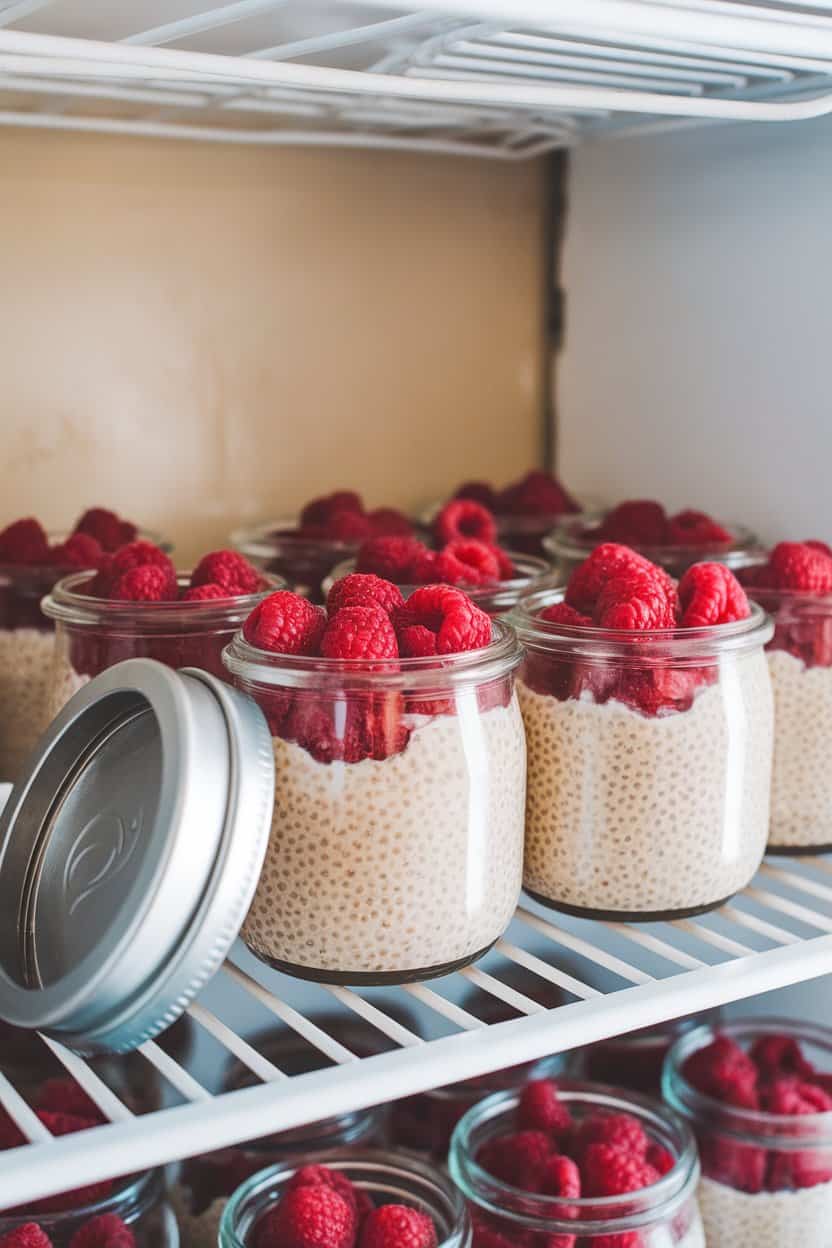  An indoor fridge shelf with small glass jars of creamy vanilla chia pudding topped with raspberries, metal lids resting alongside—no logos or text.