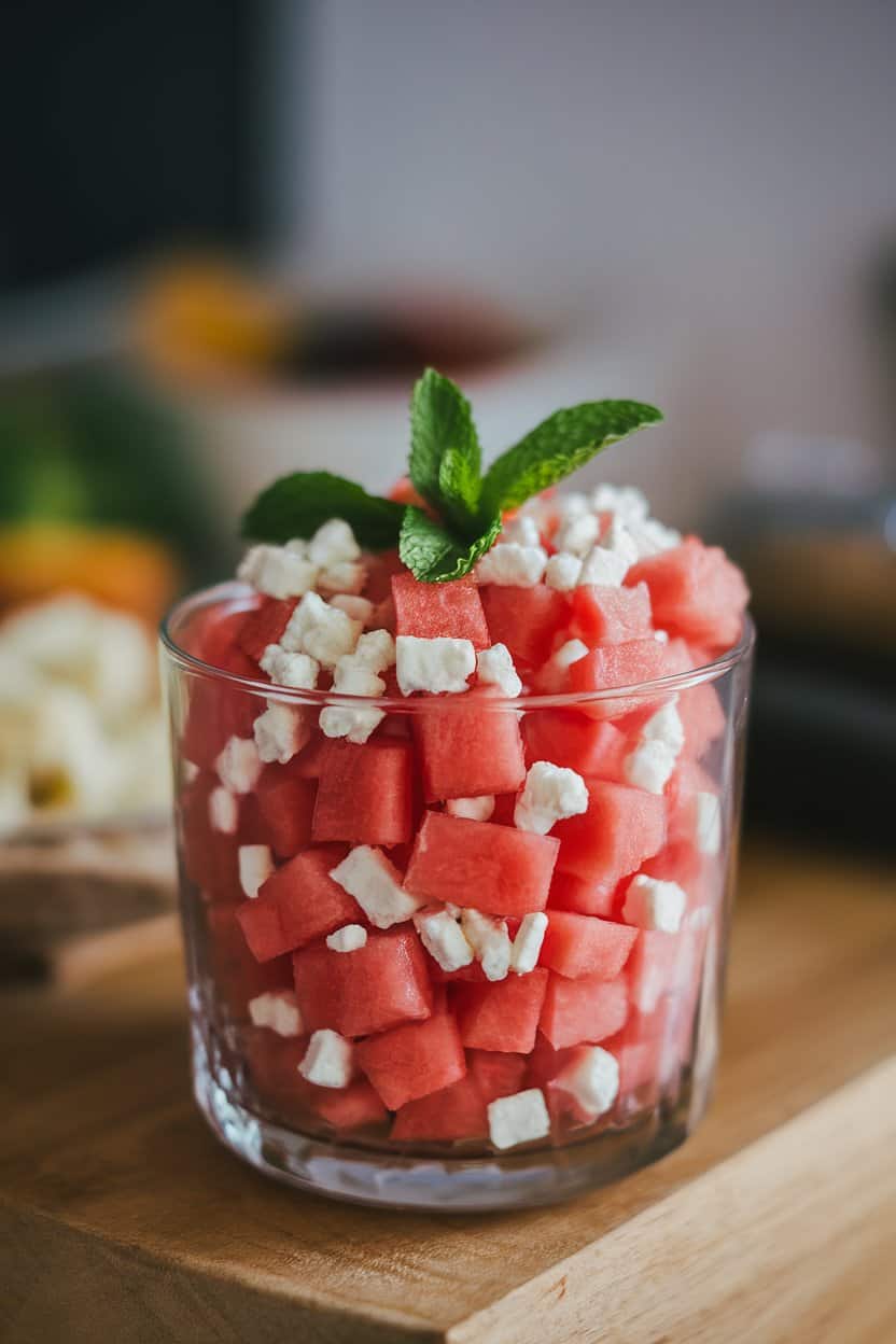 Indoor glass container filled with neatly diced watermelon and small feta crumbles, mint leaf garnish. No text or logos anywhere.