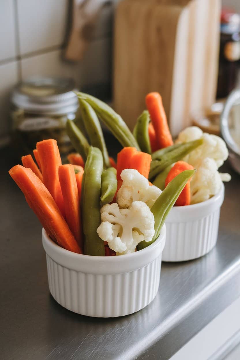 Indoor kitchen counter with an assortment of pickled carrot sticks, green beans, and cauliflower florets arranged in a small ramekin trio. No logos or text visible.