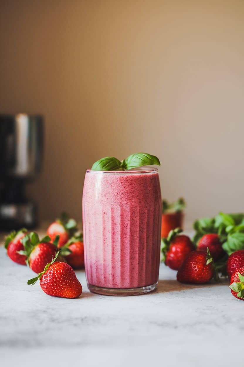  Indoor kitchen table featuring a vivid pink smoothie with a small basil leaf garnish, strawberries scattered around. No logos or text