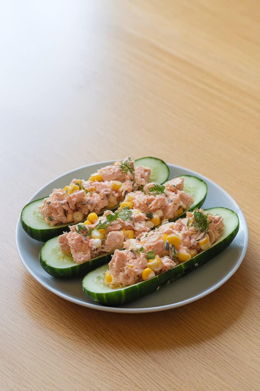 An indoor lunch plate with cucumber halves hollowed and filled with chunky tuna salad dotted with corn and herbs, bright kitchen lighting—no visible brands