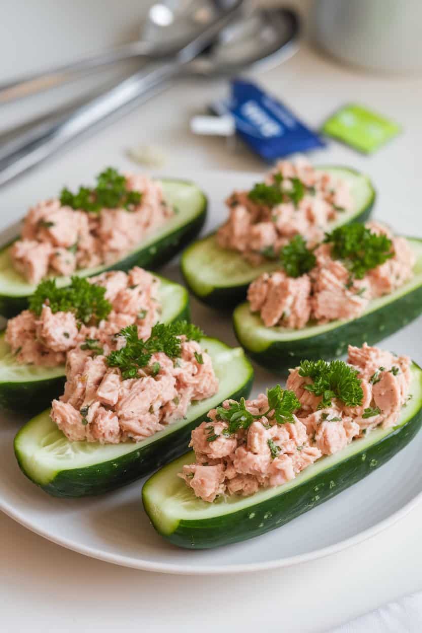 Indoor lunch prep area with cucumber halves hollowed and filled with cooked tuna salad, garnished with chopped parsley. Soft daylight, no logos present.
